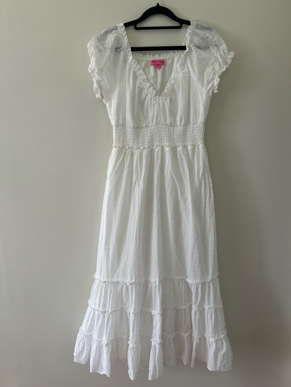 Betsey Johnson White Ruffled V-Neck Swiss Dot Top